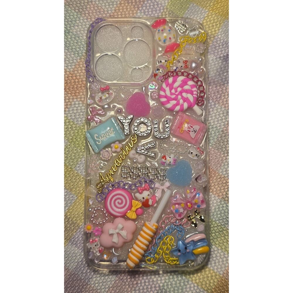 Iphone 15 Custom Kawaii Phone Case Handmade 3D Glitter Charm Cover (No Name)